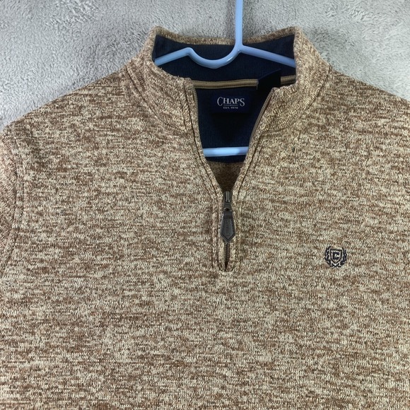 Chaps Sweater Men Large Brown 1/4 Zip Pullover Fleece Sweatshirt Pockets Logo - Picture 2 of 16